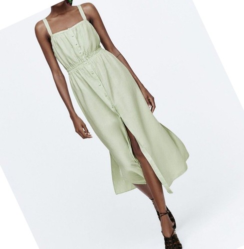 ZARA STRAPPY MIDI DRESS MINT GREEN LINEN BLEND ELASTIC WAIST XS 8372/073 |  eBay