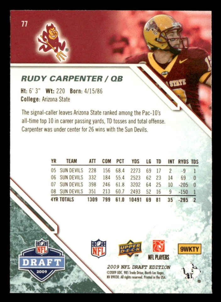 Rudy Carpenter 2009 Upper Deck Draft Edition Green Rookie Card #77 Arizona St - Image 2 of 2