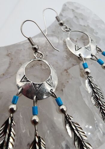 Sterling Silver 925 Navajo Turquoise Shield Feather Hook 3" Earrings Ag 23413 - 第 3/16 張圖片