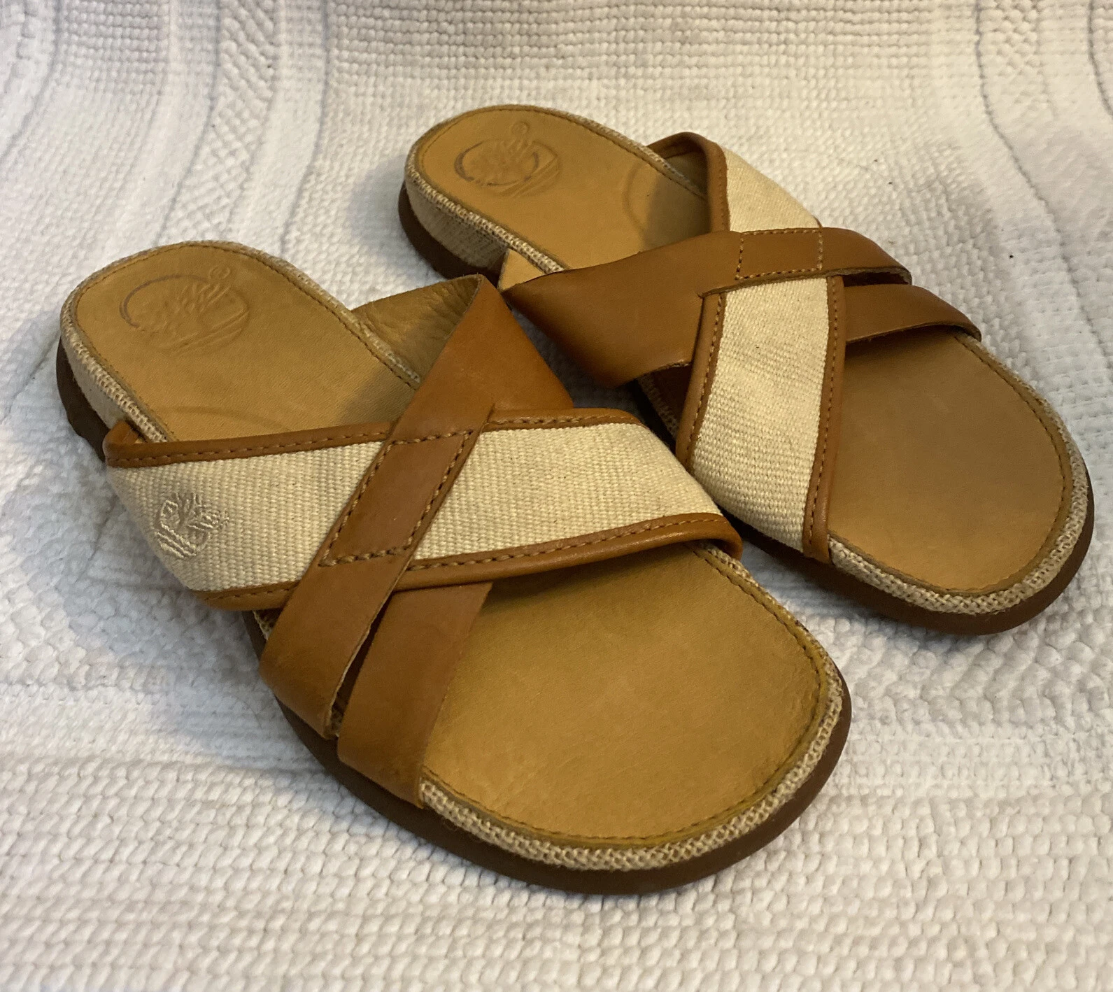 Timberland Sandali donna slide pelle marrone tessuto punta aperta taglia 6M