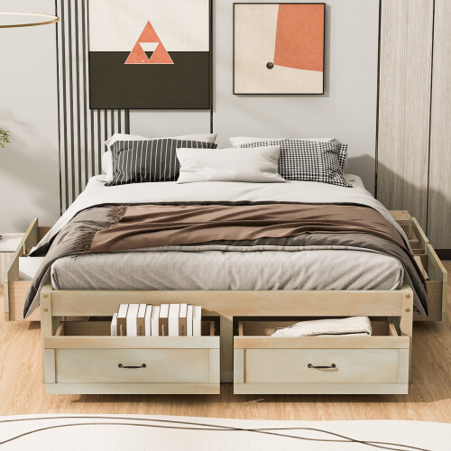 Queen Size Platform Bed with 6 Storage Drawers, Antique Natural - Picture 2 of 9