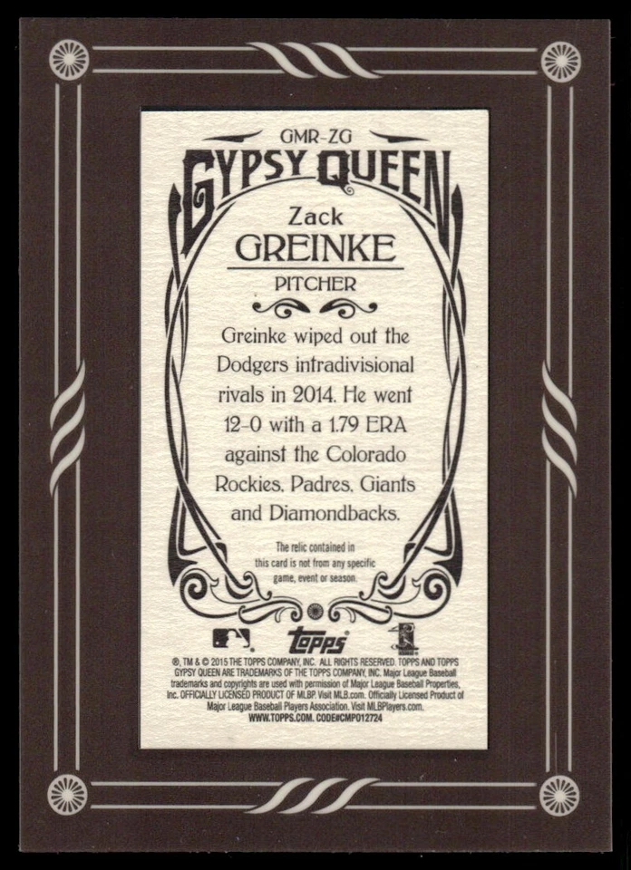 2015 Topps Gypsy Queen Mini Relics Zack Greinke Los Angeles Dodgers #GMR-ZG - Image 2 of 2