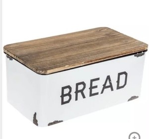 Metal Bread Box White Enamel Wood Lid Countertop Farmhouse Kitchen
