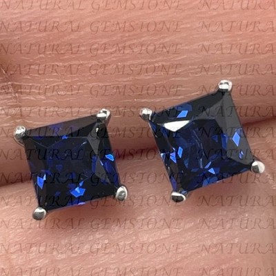 3.00ct Princess Cut Natural Sapphire Gemstone Stud Earring 18K White Gold Filled
