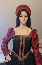 ‘Boleyn style' Black Crepe backed Satin/Red Faux Silk gown with Headdress 10-12