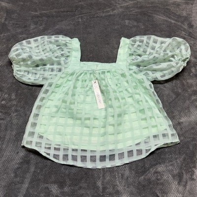 She + Sky Mint Green Puff Sleeve Grid Mesh Top Square Neck Blouse Small NWT
