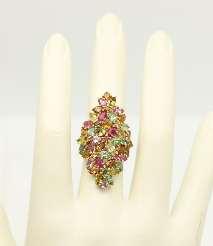 Large Natural Tourmaline Cluster Ring Multi Gemstones Silver plated with Gold