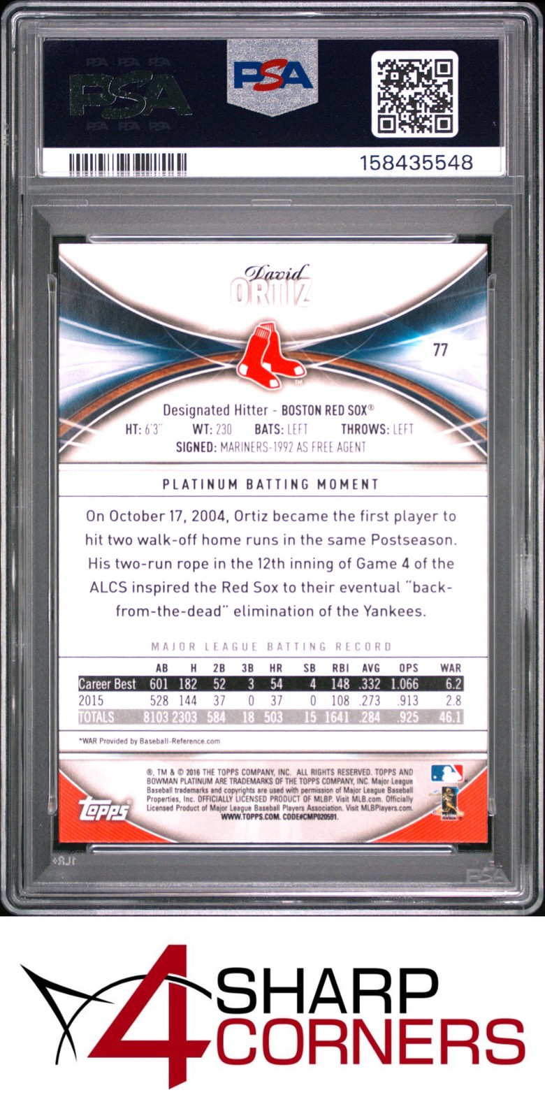 2016 BOWMAN PLATINUM #77 DAVID ORTIZ RED SOX HOF PSA 10 view 2