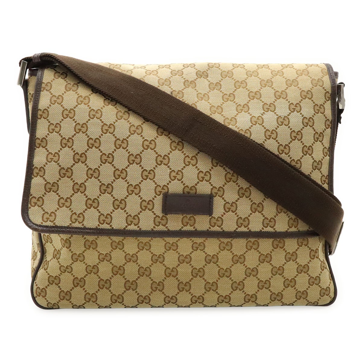 GUCCI GG Canvas Crossbody Shoulder Bag in Khaki Beige Dark Brown with Silver Hardware