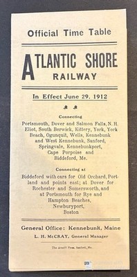 ATLANTIC SHORE RAILWAY ~ TIME TABLE with Map, New Hampshire to Maine Route, 1912