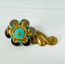 Liztech Turquoise Bead Mirror Handmade Pendant Charm 2002 Vintage Brass