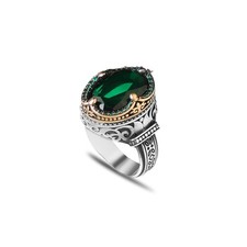 Emerald Stone Men Silver Ring, 925 Sterling Silver Emerald Gemstone Ring,