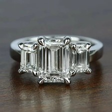 4Ct Emerald Cut Lab Created Diamond Three Stone Wedding Ring 14K White Gold FN