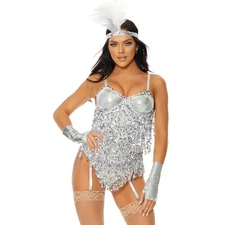 Flapper Costume Sequin Fringe Romper Gloves Feather Headband 551511 M/L