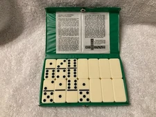 Vintage Dominoes Set 28 White Tile Pieces Green Carrying Case, Double Six.