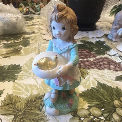 Multicolor Resin Girl Figurine Holding Nest Bowl with Two Yellow Chicks