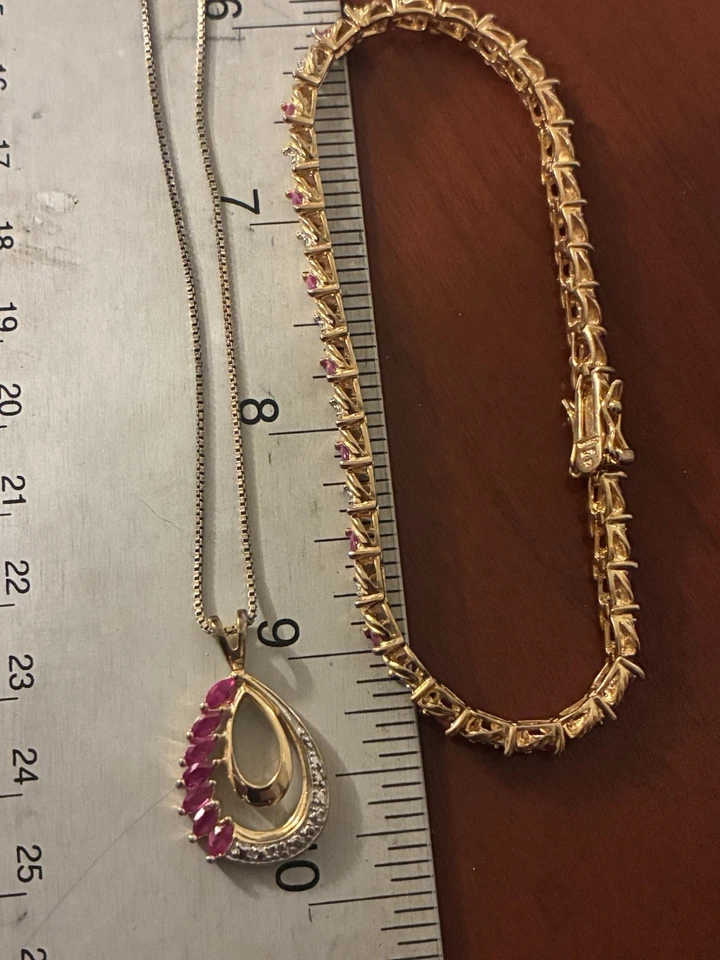 Juego de brazalete collar marquesa 17 g diamante rubí oro sobre plata de ley .925 Foto 2 de 4