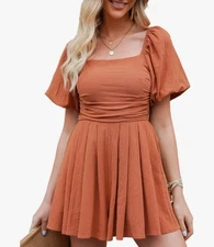 NEW Chambray Puff Sleeve Square Neck Mini Lined Romper S