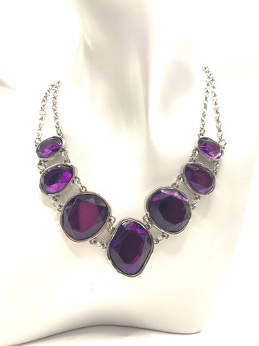 Set of Necklace with Earrings Bib with Purple Acrylic Rhinestones Glam Statement - Picture 2 of 8