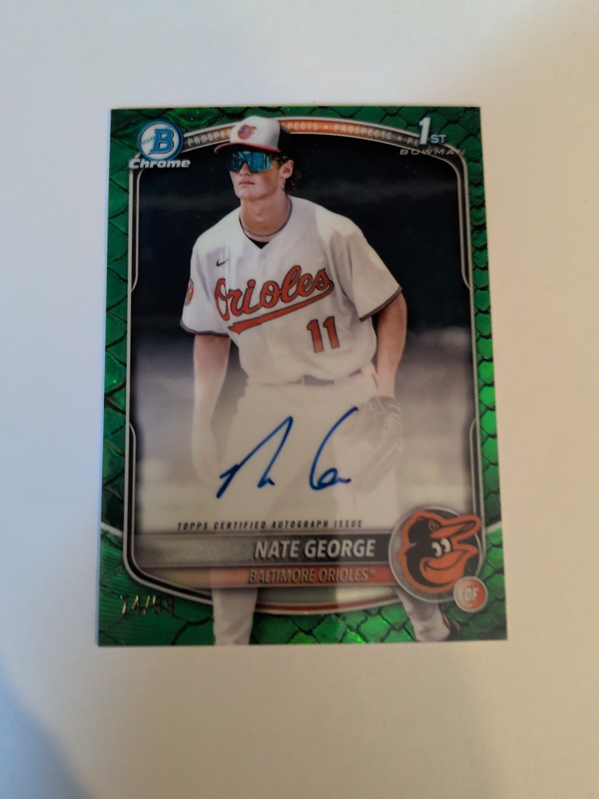 Nate George 2025 Bowman Chrome Green Reptilian 1st On Card Auto /99 Orioles