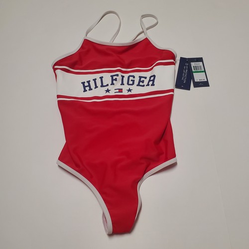 TOMMY HILFIGER Girls One Piece Logo Swimsuit Chinese Red Navy Size L (12/14) NEW