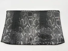 Black Silver Snakeskin Embossed Clutch Bag Fold-over Flap Turn-lock Closure