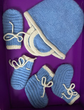 Brora Scottish cashmere baby hat mittens & bootees NEW blue knitted rp£180
