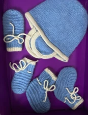 Brora Scottish cashmere baby hat mittens & bootees NEW blue knitted rp£180
