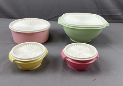 Tupperware Containers-Lids 858-2 1204-29 1323-24 1323E-4 Pastel Pink Yellow Gree