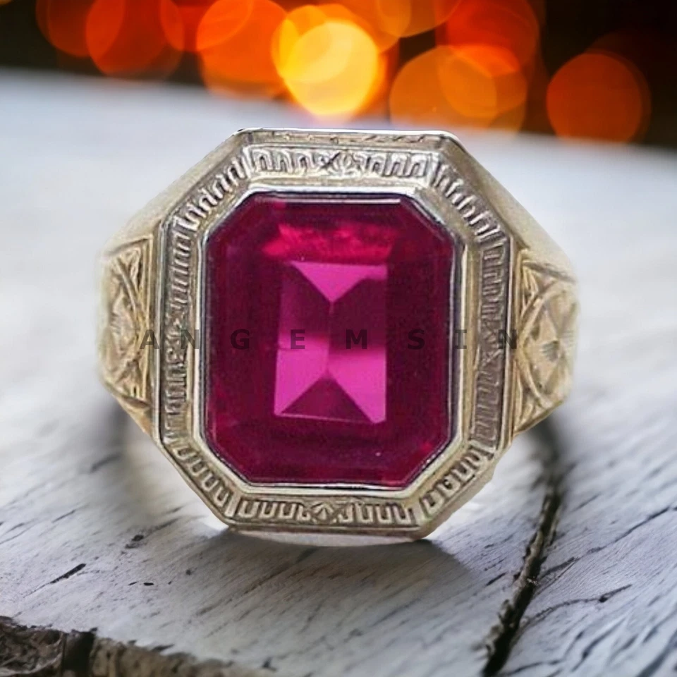 Piedras preciosas de rubí con anillo enchapado en oro de plata de ley 925 para hombre #BL43 Foto 3 de 4