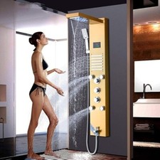 LED Rain Waterfall Shower Panel Tower System W/ Massage Jet Mixer Brushed Gold