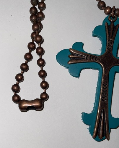 Bronze Beaded Necklace with LG Cross Pendant Turgouise/Bronze - Picture 3 of 5