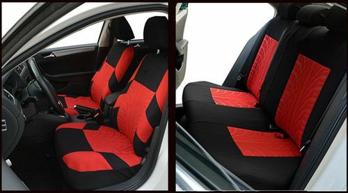 9 PCS FULL RED-BLACK FABRIC CAR SEAT COVERS SET UNIVERSAL WASHABLE IN BAG - Picture 4 of 7