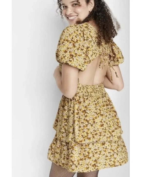 NWT Wild Fable Yellow Floral Lace Up Open Back Layered Ruffle Short Sleeve Dress