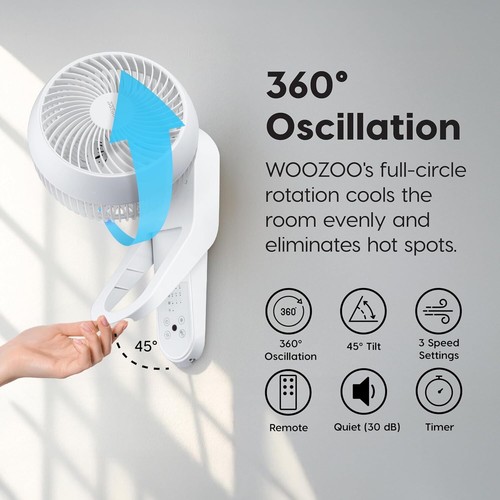 USA WOOZOO Wall Fan with Remote, Oscillating Air Circulator, 3 WHITE WALLMOUNT - Picture 3 of 10