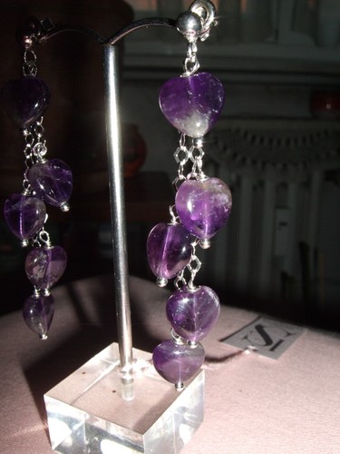 ORECCHINI EAR RINGS PENDENTI AMETISTA AMETHYST ARGENTO 925 SILVER CUORE CM 7 - Picture 4 of 6