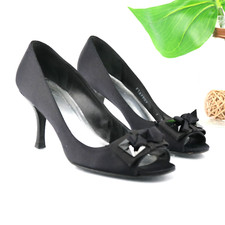 VTG St John Womens Pump Size 7 Black Satin Peep Toe High Heel Ribbon Bow Shoe