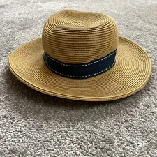 Sun n Sand Sun Hat Womens One Size Yellow Straw Wide Brim Blue Headband Beach