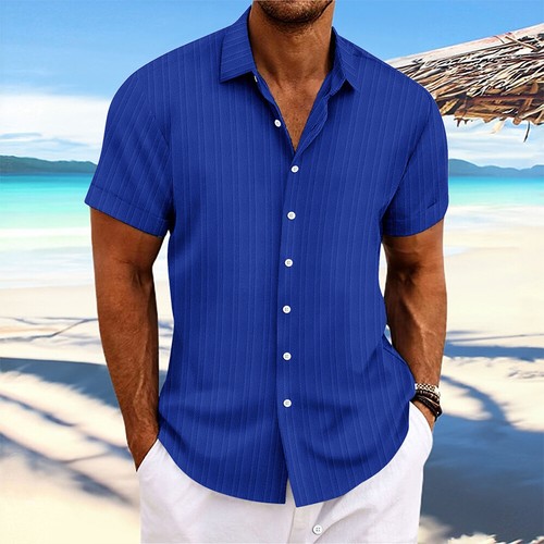 Mens Striped Button Down Shirts Grandad Summer Short Sleeve Casual T Shirt Tops - Picture 31 of 38