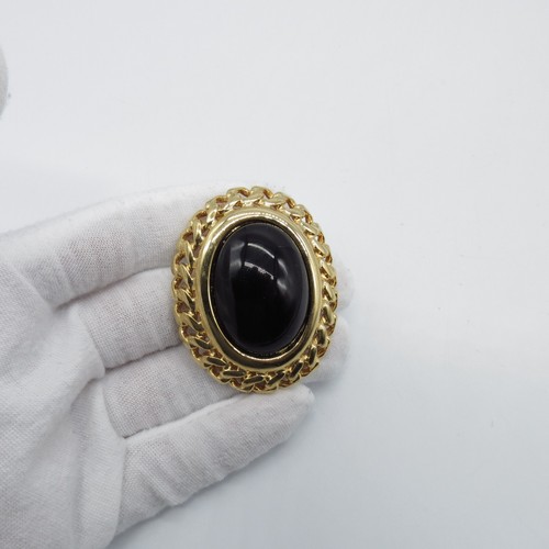 Vintage NAPIER schwarz Glas Cabochon Anstecknadel Brosche oval goldfarben schlicht klassisch - Bild 9 von 11