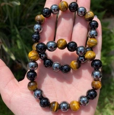 Triple Protection Tiger Eye Obsidian Hematite 8mm Beads Women Bracelet Xmas Gift