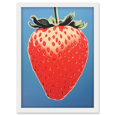 A Single Strawberry Artwork Red Blue Minimalist Kitchen Framed Wall Art Print A4
