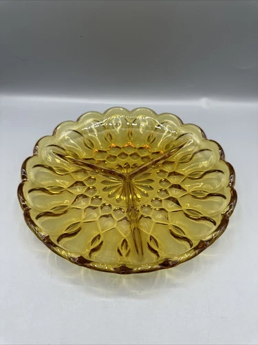 Vintage Anchor Hocking Fairfield Amber 3-Part Divided Relish Dish 8.5"