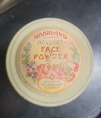 RARE Early 1915 Moorland Face Powder Antique Floral Tin Made For Penslar Stores 
