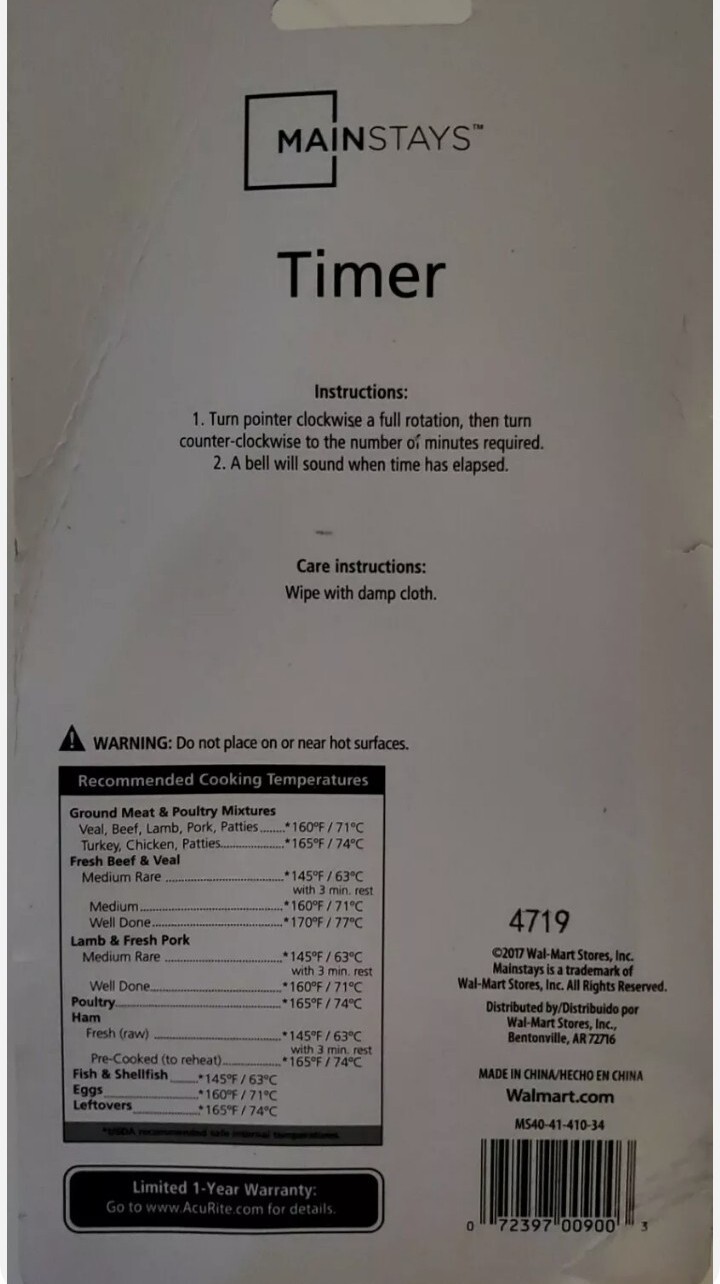 Mainstays Kitchen Timer Mechanical White 160 MINUTES EasytoRead Wind