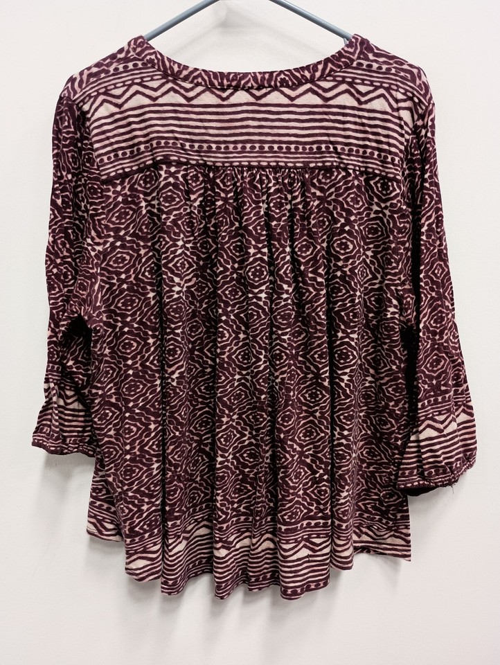 Lucky Brand Womens Knit Blouse Top Size 2X Maroon Floral Henley 3/4