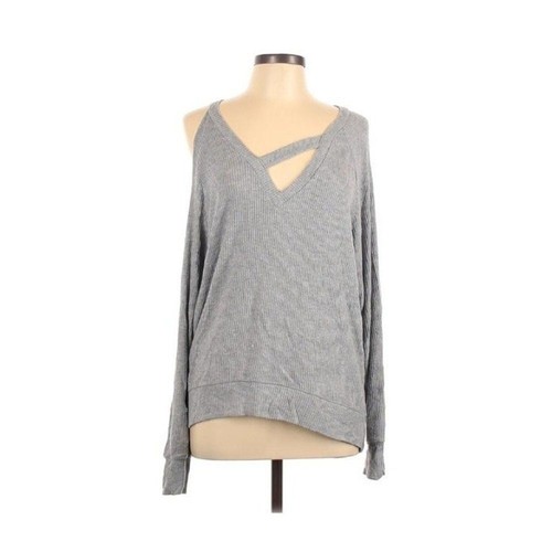 LNA Oversized Sweater Asymmetric Cut-Out Cold Shoulder Rib Knit Top Gray Sz S - Picture 3 of 3