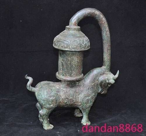 14" Cina dinastia Han articoli in bronzo testo bestia palazzo lanterna portacandele statua - Foto 8 di 17