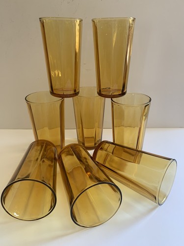 Vtg Amber Glasses Set 8 Paneled Optic 10 Ounce MCM Cocktail Barware 5” - Picture 2 of 12
