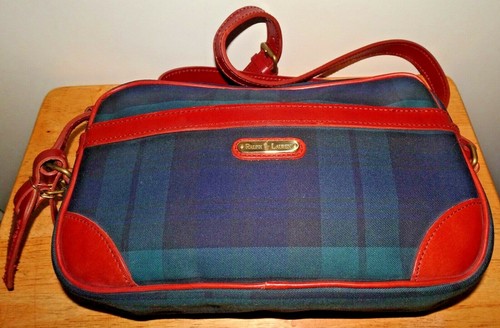 POLO RALPH LAUREN Vintage Navy/Hunter Blackwatch Tartan Plaid Crossbody Leather Bag - Bild 4 von 8